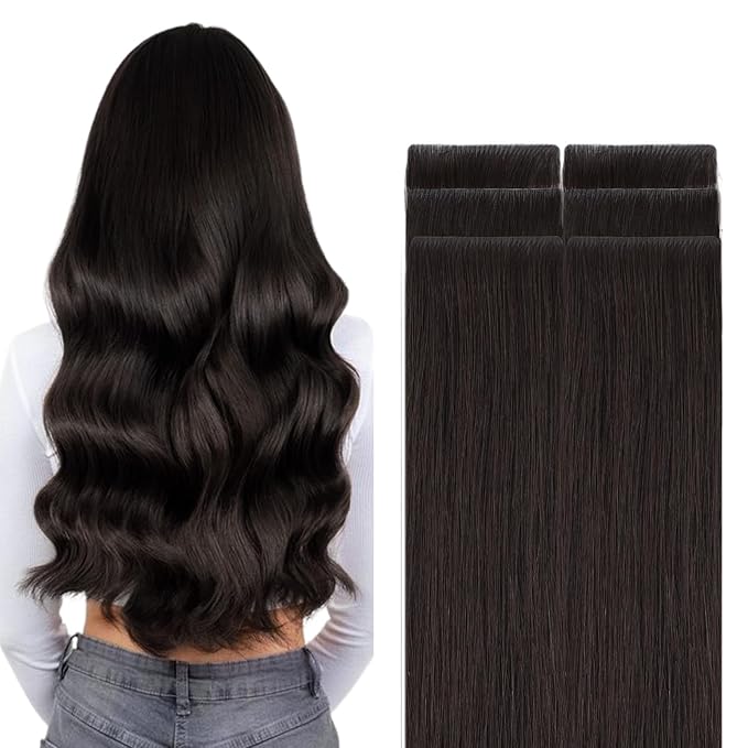 GOO GOO Invisi Edge Tape in Hair Extensions Human Hair, 2 Dark Brown, 6pcs 22inch 18g, Virgin Remy Hair, Seamless Injected Tape, Natural Look