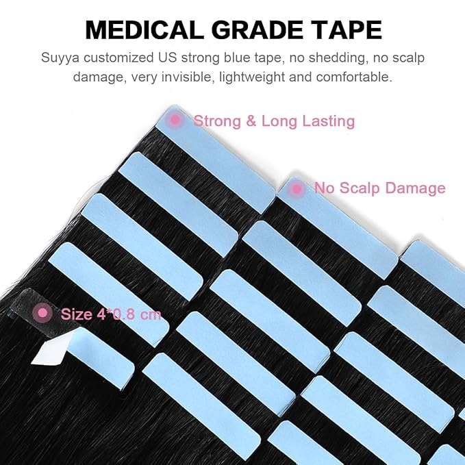 SUYYA Tape in Hair Extensions Jet Black 100% Remy Human 20 inches 20pcs 50g/pack Straight Seamless Skin Weft Hair(20 #1 Black)