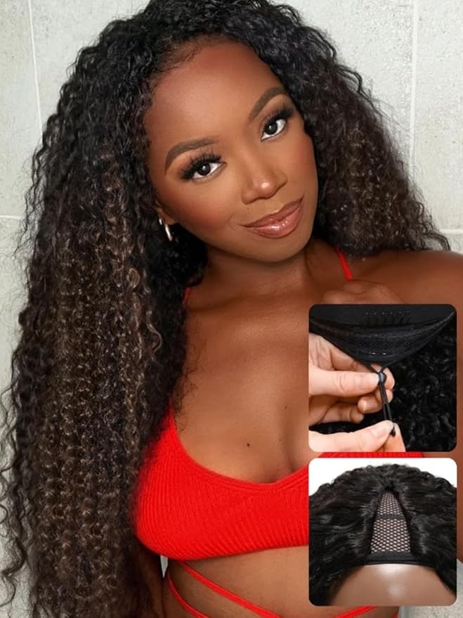 YIROO EasiContour V Part Ombre Brown Human Hair Wig Curly 12A Glueless Upgrade U Part Wig Ombre Black to Chestnut Brown No Leave Out V Shape Clip Wigs Ready to Go 150% Density Beginner Friendly 16Inch