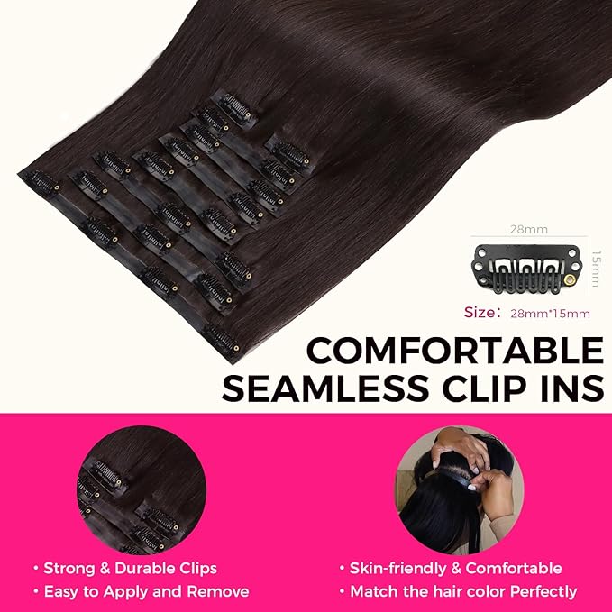 Lashey Seamless Clip in Hair Extensions Human Hair 130g 9pcs #2 Dark Brown 16 Inch Light Yaki Straight Clip in Hair Extensions Real Human Hair with Flat PU Invisi Edge Full Pack