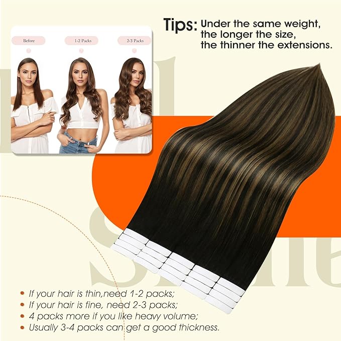 Full Shine Hair Extensions Tape in Color 1B Off Black Ombre 6 Brown And Black Tape in Hair Extensions Human Hair 18 Inch Remy Human Extension 50Gram Double Sided Tapes Add Length 20Pcs Soft
