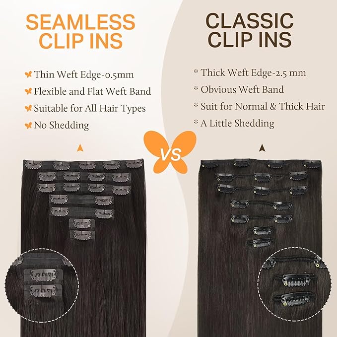 DOORES Clip-in Hair Extensions, Dark Brown 14 Inch 110g 7pcs, Real Human Hair Seamless Clip-ins with PU Weft Invisi Edge, Natural Straight Remy Hair