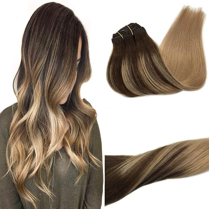 GOO GOO Clip in Hair Extensions Real Human Hair, Remy Human Hair Extensions Clip ins for Women, Natural Human Hair, 14inch 120g 7Pcs, 4/18 Balayage Chocolate Brown Highlighted Dirty Blonde