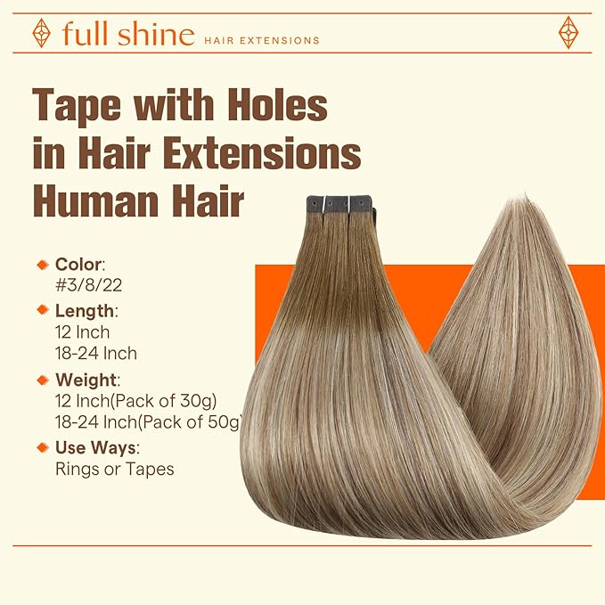 Full Shine Human Hair Tape in Extensions 20Inch Color 3 Dark Brown to 8 Ash Brown and 22 Blonde 20PCS 50G Ombre Hair Extensions Tape in with Holes Invisible Seamless for Thin Hair PU Weft