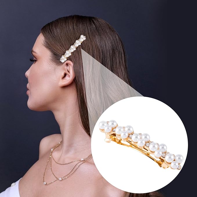 2 Pcs Pearl Hair Clips, Pearl-Embellished Barrette, Elegant Rhinestone Pearls Barrettes for Women, Party, Wedding, Daily Use, Graduation (Gold)