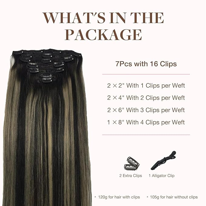 GOO GOO Clip in Hair Extensions Real Human Hair, Remy Human Hair Extensions Clip ins for Women, Natural Human Hair, 20inch 120g 7Pcs, 1B/16/1B Balayage Natural Black to Light Blonde