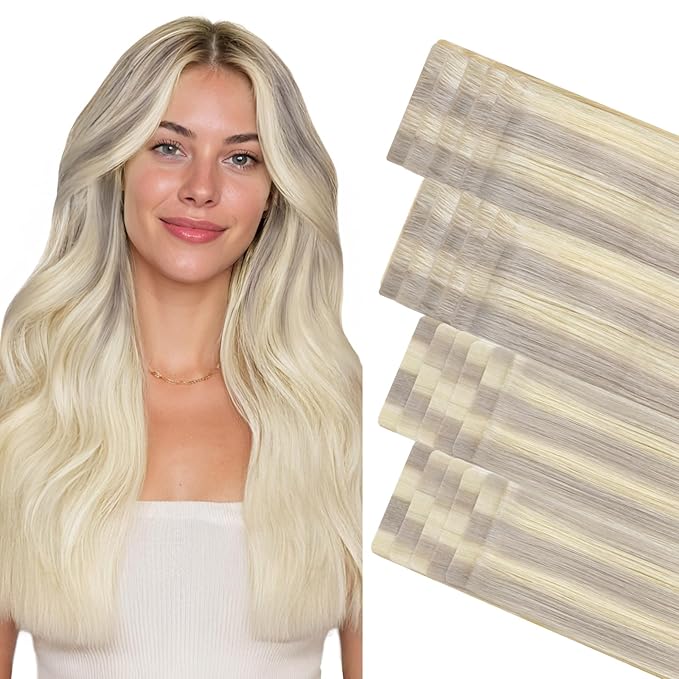 GOO GOO Invisi Edge Tape in Hair Extensions Human Hair, 17/22/60 Balayage Ash Blonde to Golden Blonde and Platinum Blonde 10pcs injected with 10pcs classical tape ins, 14inch 50g, Virgin Remy Hair