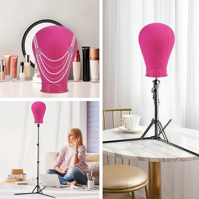Neverland Beauty & Health 23 Inch Wig Head, Wig Stand Tripod with Head, Wig Head Stand with Mannequin Head for Wigs, Wig Stand with Head, Adjustable Tripod Manikin Head Set for Cosmetology(Rose Red)