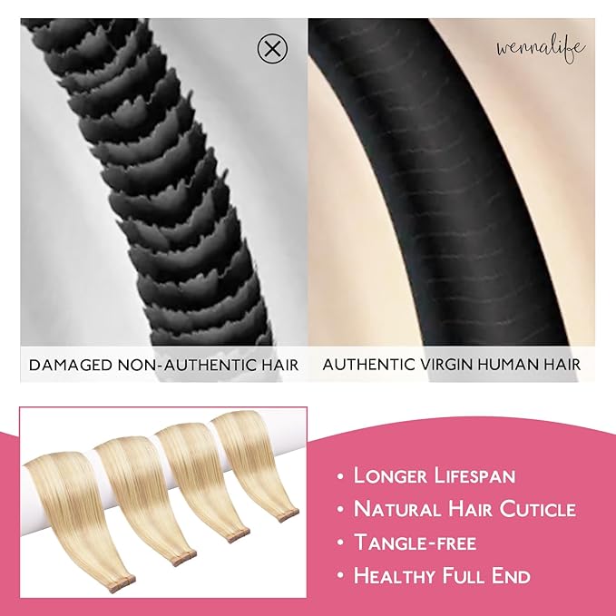 WENNALIFE Tape in Hair Extensions Human Hair Balayage Light Wheat Platinum Blonde Tape in Extensions, 10pcs 30g 24 inch Remy Invisible Tape Ins Straight Colored Soft Real Human Hair Tape in Extensions