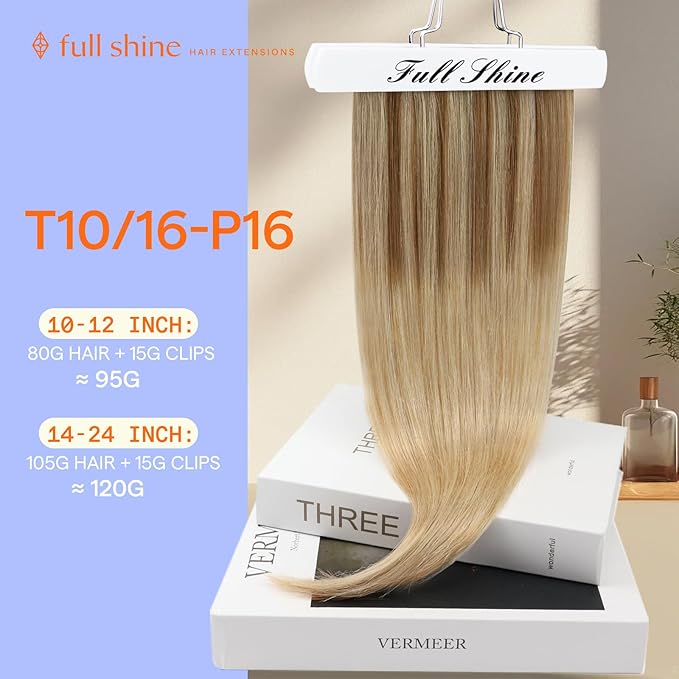 Full Shine Clip in Hair Extensions Real Human Hair Balayage Blonde Human Hair Extensions Clip ins Golden Brown to Golden Blonde Real Hair Clip in Extensions Silky Straight 7 Pcs 16 Inch 120 G