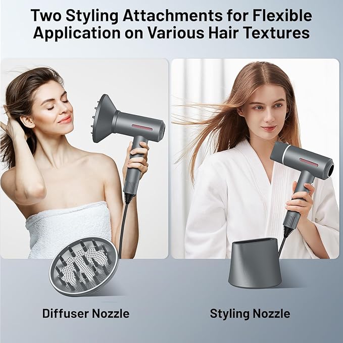 Hair Dryer, 180000 RPM High-Speed Brushless Motor, 1 Min Fast Drying & No Heat Damage, 600 Million Negative Ions with Concentrator & Diffuser, Salon-Level 7 Temp / 3 Speed, HD Digital Screen,Gunmetal