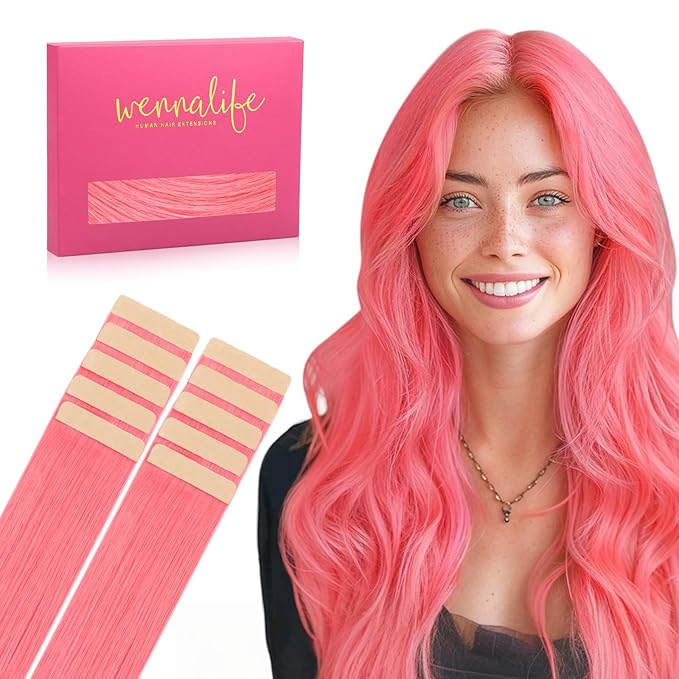 WENNALIFE Tape in Hair Extensions Human Hair Light Pink Tape in Extensions, 10pcs 30g 20 inch Remy Invisible Tape Ins Straight Colored Soft Real Human Hair Tape in Extensions Refill Set Extensions