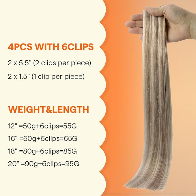 Full Shine Seamless Hair Extensions Clip in Human Hair, 12Inch Higlight Blonde to Ash Blonde Hair Extensions, PU Skin Weft Invisible Fill Ins for Thin Short Hair, Add Lenghth 4Pcs 55g
