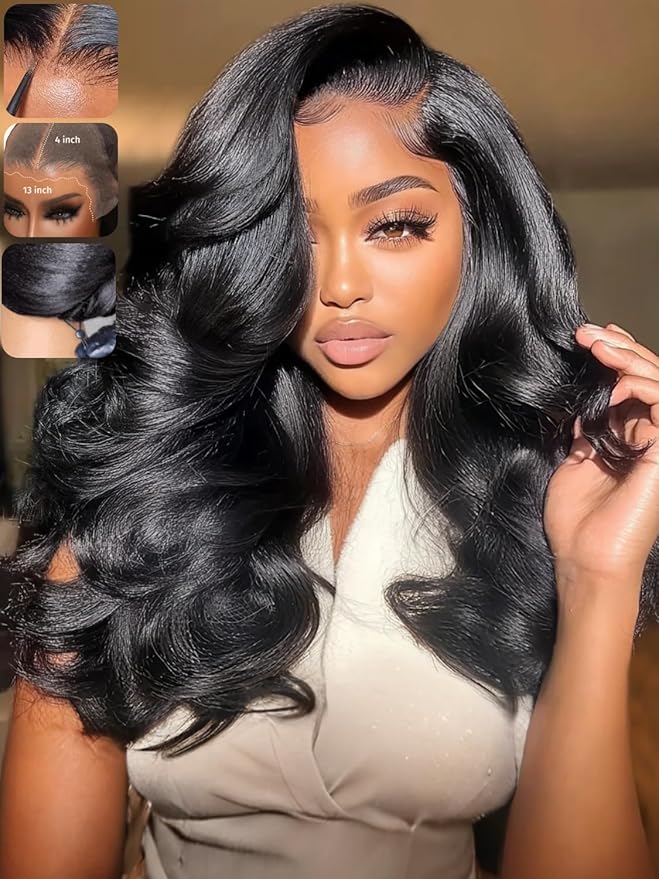 KLAIYI Pre Everything Glueless Layer Side Part Loose Body Wave 13x4 Lace Front Wigs Human Hair Drawstring Curtain Bangs Face framing Pre Bleached Knots Pre Plucked 3S Ready to Put On and Go Wig 22Inch