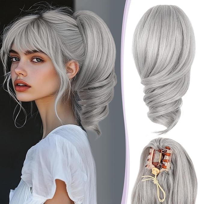 Clip on Ponytails for Women - 12 Inch Curly Ponytail Extension, Wavy Pony Tails Hair Extensions, Synthetic Hair Extensions Ponytail, Clip in Ponytail (Color: Silver Grey）