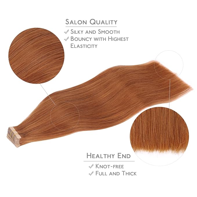 WENNALIFE Tape in Hair Extensions Human Hair, 20pcs 60g 26 inch Dirty Ginger Remy Hair Extensions Straight Human Hair Tape in Extensions Skin Weft Tape Extensions Human Hair