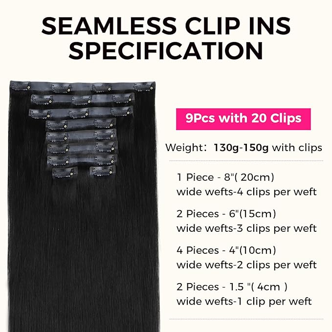 Lashey Seamless Clip in Hair Extensions Human Hair 150g 9pcs #1 Jet Black Straight 22 Inch Hair Extensions Clip ins with PU Soft Invisi Edge