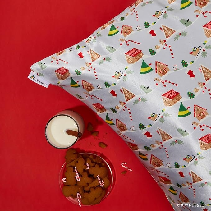 Kitsch x Elf Periwinkle Christmas Satin Pillowcase, Softer Than Silk Pillow Cases King, Cooling Pillow Covers, Satin Pillowcase with Zipper for Hair, Skin & Quality Sleep, Wrinkle-Free, Smooth, 19x36