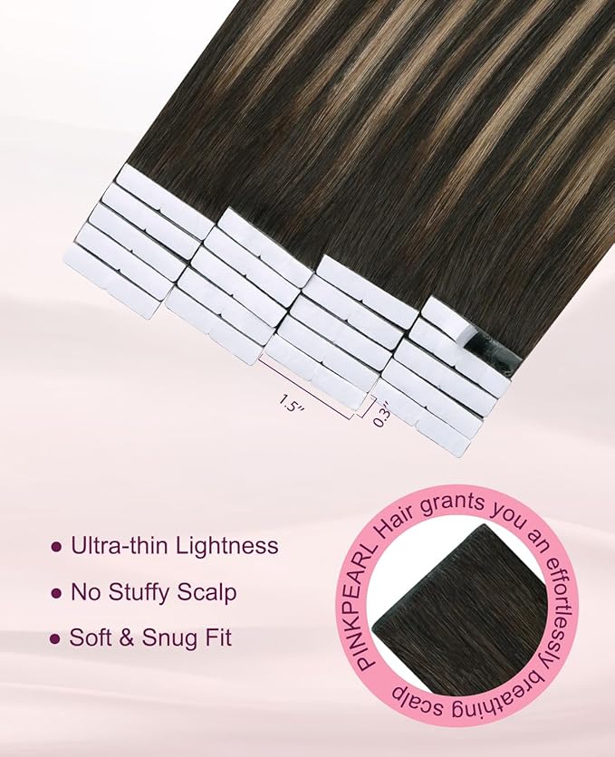 Pinkpearl Invisible Tape in Hair Extensions Human Hair, 20pcs 14inch 40g #2/6/2 Balayage Dark Brown to Chestnut Brown Injection Tape in Extensions Real Remy Human Hair Injected