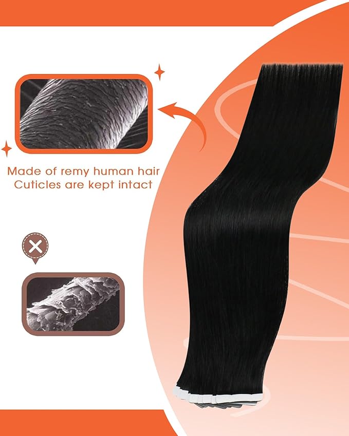 Sunny Hair Tape in Hair Extensions Real Human Hair Invisible Remy Hair Extensions Tape ins for Women Jet Black 12 inch 20G