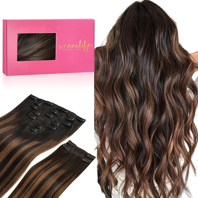 WENNALIFE Clip in Hair Extensions, 150g 18 Inch 9pcs Balayage Natural Black to Chestnut Brown Human Hair Extensions Thicker Clip in Hair Extensions Real Human Hair Clip Set Double Weft
