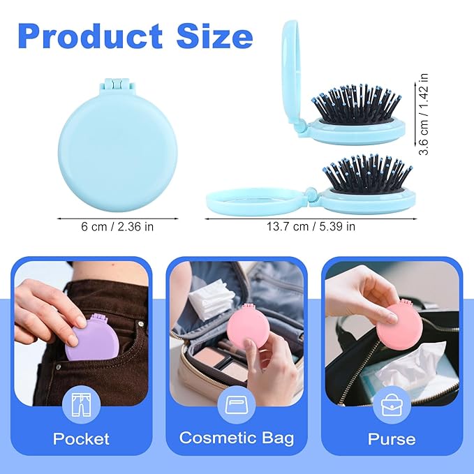 4 Colors Folding Mirror Hairbrush, 2 in 1 Compact Pocket Mirror Comb with DIY Stickers, Round Mini Pocket Makeup Mirror for Travel Women Girls (20 Pcs)