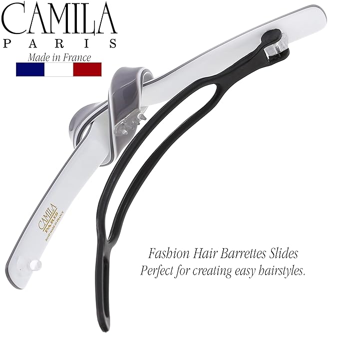 Camila Paris CP3354 French Hair Barrette Clip for Girls, Handmade, Gray/White, Metal-Free Closure Strong Hold Grip Hair Clips for Women, No Slip Durable Styling Girls Hair Accessories, Made in France