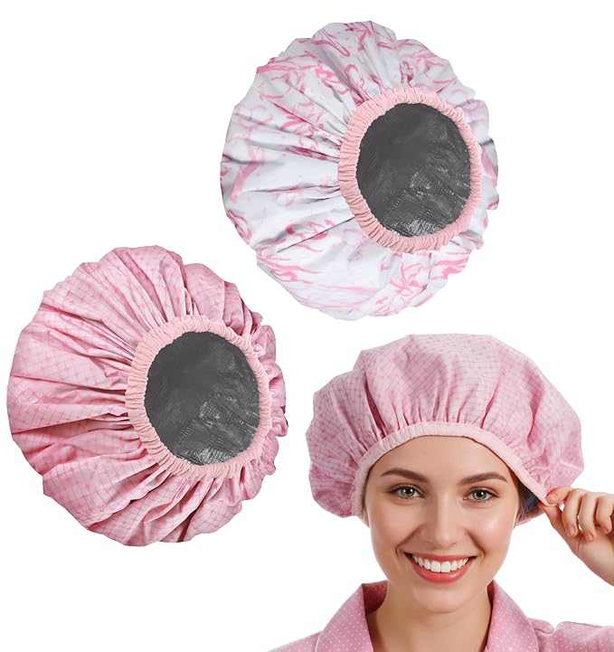 2 Pcs Heat Cap for Deep Conditioning, Pink Heating Caps for Deep Conditioning with Double Layer, Waterproof & Reusable for Shower, Hot Oil Treatment & Hair Steam Therapy