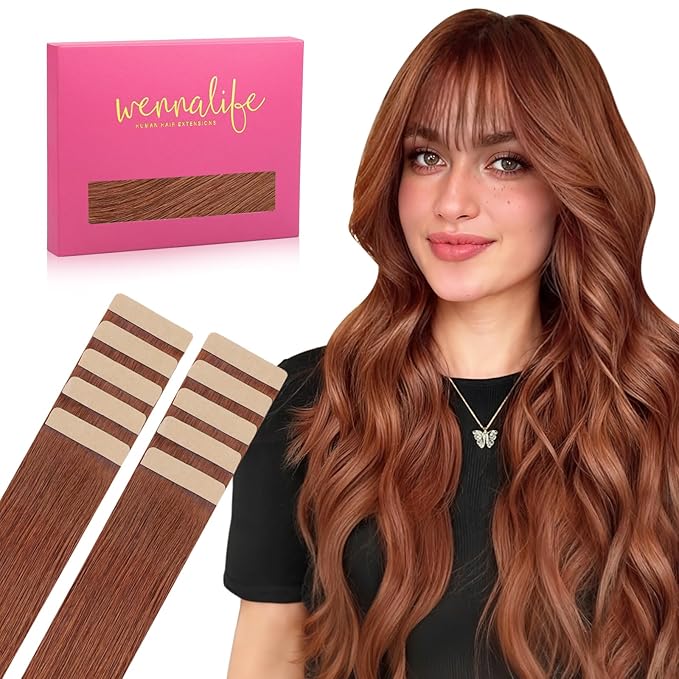 WENNALIFE Tape in Hair Extensions Human Hair Dark Auburn Copper Tape in Extensions, 10pcs 20g 10 inch Remy Invisible Tape Ins Straight Colored Soft Real Human Hair Tape in Extensions Refill Set Extens