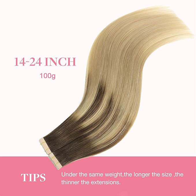 GOO GOO Tape in Hair Extensions Human Hair, 4/18 Balayage Chocolate Brown Highlighted Dirty Blonde, 24inch 100g 40pcs, Skin Weft Seamless Invisible, Silky Straight with Thick Ends, Remy Human Hair