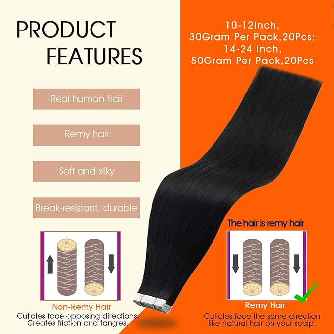Full Shine Seamless Tape in Hair Extensions Color 1B Black Tape in Extensions Human Hair Double Sided Adhesive Skin Weft Remy Straight Extension for Women 18Inch 100G for Wedding 40Pcs