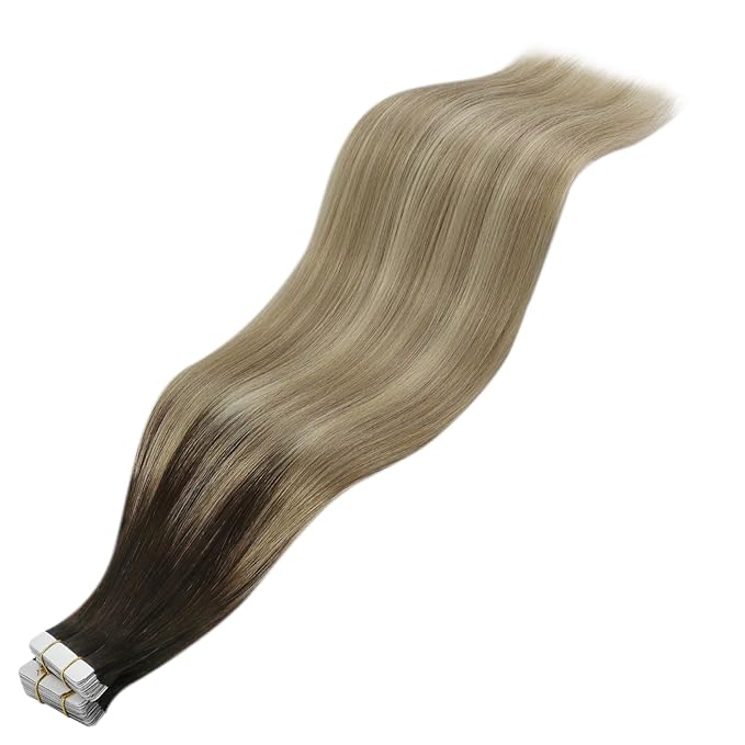 YoungSee Ombre Human Hair Tape in Extensions 24inch Invisible Tape in Hair Extensions Human Hair Balayage Dark Brown with Blonde Hair Extension Tape-in Real Hair for Long Straigt Hair 20pcs 50g