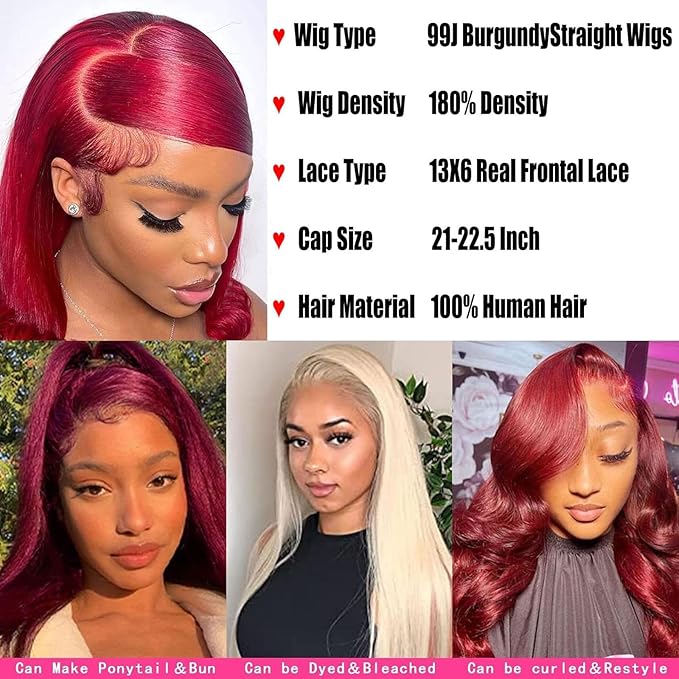 Burgundy Wig Human Hair 24inch 13x6 HD Transparent Lace Straight 99J Red Human Hair Wig Colored Reddish Brown Lace Frontal Wigs 180% Density Pre Plucked