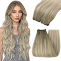 YoungSee Hair Extensions Weft Ash Blonde Sew in Hair Extensions Balayage Ash Blonde Mix Platinum Blond Weft Hair Extensions Human Hair Soft and Silky Straight Hair 20Inch 100G