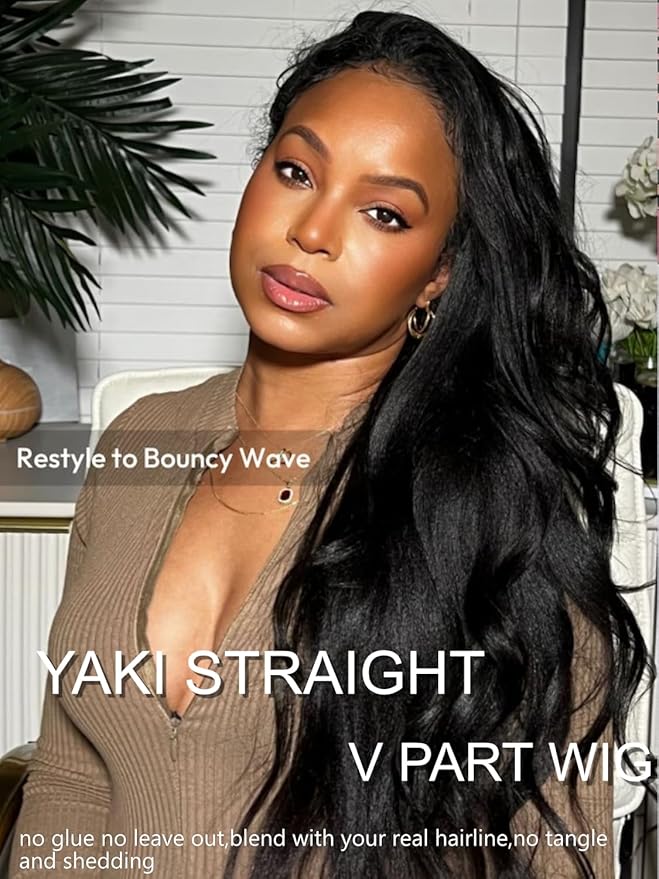 YIROO EasiContour V Part Wigs Human Hair Yaki Straight Human Hair Wigs No Leave Out Glueless Upgraded U Part Wigs for Women V Shape Clip in Vpart Wig No Sew in No Glue Beginner Friendly 16 inch