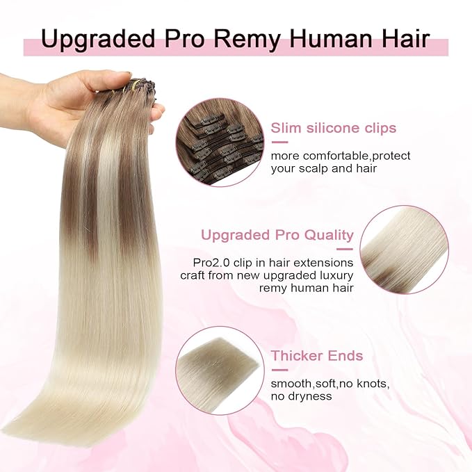 Pro2.0 Remy Real Human Hair Extensions Clip ins 120g Thick 7pcs Color #8/60 Ash Brown to Platinum Blonde Remy Clip in Hair Extensions Real Human Hair 16inch Double Weft（#8/60-16inch）