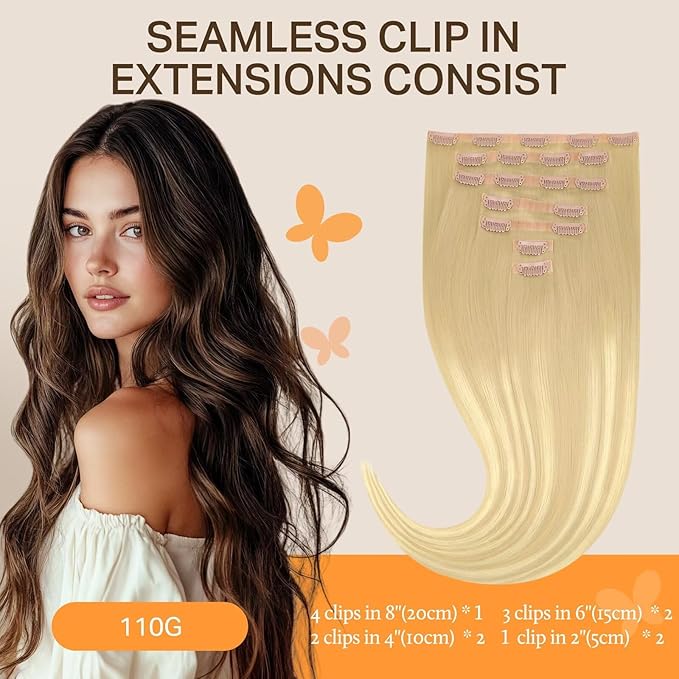 DOORES Hair Extensions Seamless Clip in Human Hair, DirtyBlonde Mixed Platinum Blonde 110g 7pcs 16 Inch, Invisi Edge Hair Extensions Real Human Hair Clip in Remy Straight Hair