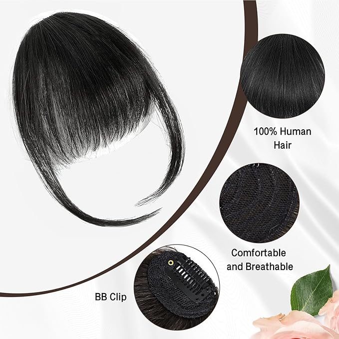 BOGSEA Clip in Bangs 100% Human Hair Bangs with Temples Bangs Hairpieces for Women Clip in Fake Bangs for Daily Wear (Natural Black, French Bangs)