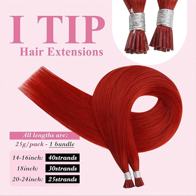 YoungSee Itip Human Hair Extensions Red Itip Hair Extensions Real Human Hair Red 14Inch 40s Tip Hair Extension Cold Fusion Hair Extension Colored for Party Highlights