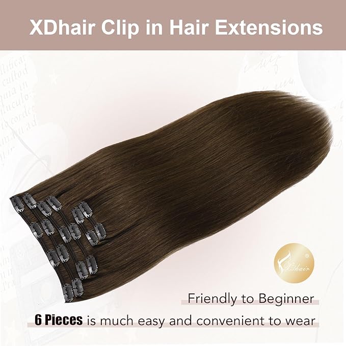 XDhair Clip in Hair Extensions Human Hair,100g 16 Inch Medium Brown Clip in Hair Extensions Real Human Hair for Women Silky Straight Real Hair 6pcs #4 16 Inch