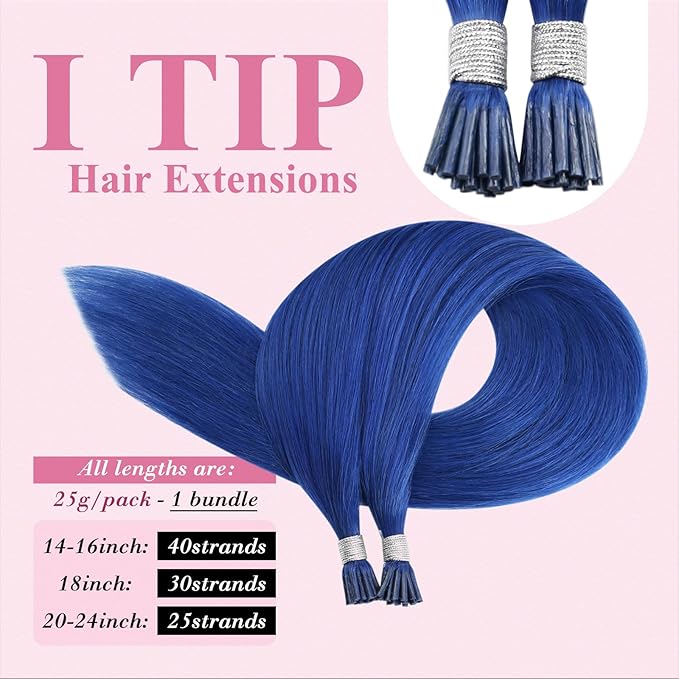 YoungSee I Tip Hair Extensions Human Hair Blue I Tips Hair Extension Blue 18 Inch Color Itips Extension Pre Bonded Remy Hair I-Tips Hair-Extensions Hold Well for Party 30s 25g