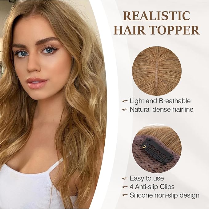 Rich Choices Hair Toppers for Women Real Human Hair 100% Human Remy Toppers NO Bangs for Women with Thinning on Top Clip in Hairpiece 4"x4.7"Lace Base 10 Inch #6 Light Brown