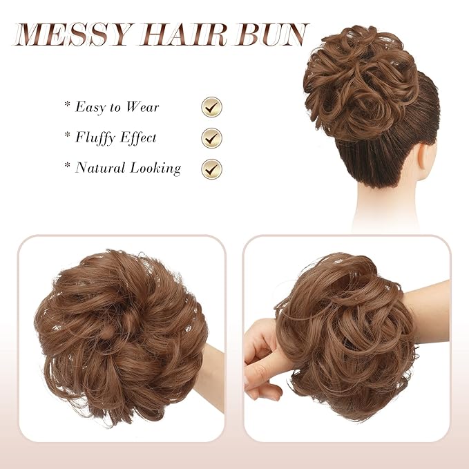 FESHFEN Messy Bun Hair Piece - Elastic Wavy Curly Hair Bun Scrunchies Extensions Synthetic Chignon Hairpieces for Women Girls, Light Auburn 1.5 oz