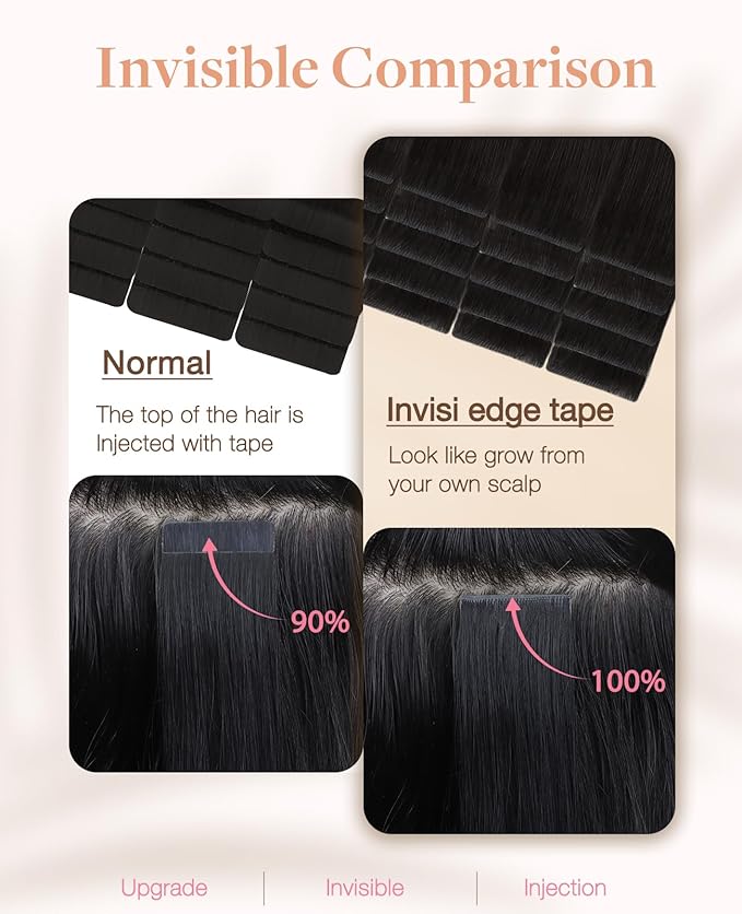 GOO GOO Invisi Edge Tape in Hair Extensions Human Hair, 1B Natural black, 10pcs 24inch 30g, Virgin Remy Hair, Seamless Injected Tape, Natural Look