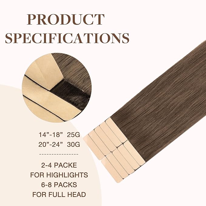 GOO GOO Tape in Hair Extensions Human Hair, 5 Light Ash Brown, 16inch 25g 10pcs, Skin Weft Seamless Invisible, Silky Straight with Thick Ends, Remy Human Hair