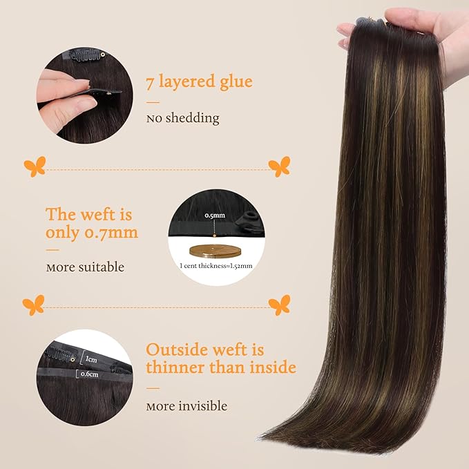 DOORES Clip in Hair Extensions, Dark Brown to Chestnut Brown 7pcs 110g 22 Inch, Real Human Hair Seamless Clip in Hair Extensions Straight Invisi Edge
