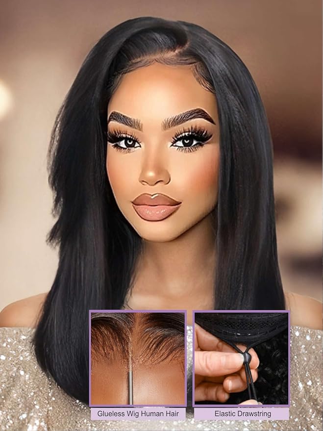 Yiroo Light Yaki Straight Wig Human Hair with Side Swept Bangs,7x5 Lace Front Bye Bye Knots Glueless Wig Human Hair Pre Plucked Pre Cut,Elastic Drawstring Wear and Go Wig for Women 150% Density 20Inch