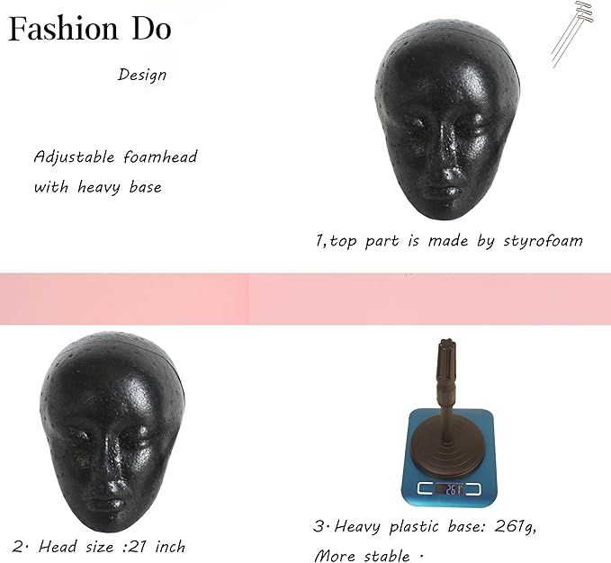 2 PACKS Adjustable wig or hat black styrofoam mannequin head holder stand (13”to 17”) (Black head 01)