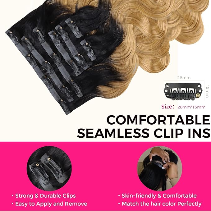 Lashey Seamless Hair Extensions Real Human Hair 110g 7pcs Body Wave 18 Inch Clip in Hair Extensions Human Hair Ombre Natural Black to Honey Blonde Hair Extension with PU Weft Invisi Edge