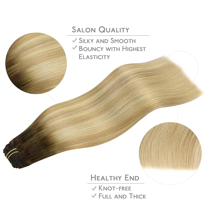 WENNALIFE Clip in Hair Extensions - Real Human Hair, 24 Inch 120g 7pcs, Balayage Light Ash Brown to Light White Blonde